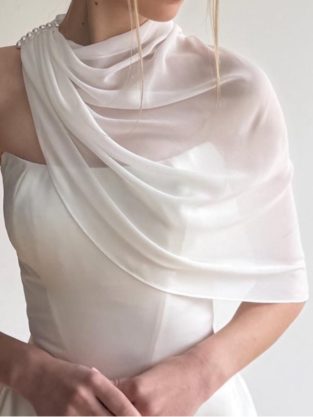 Ivory One-Shoulder Sheer Chiffon Bridal Dress with Shawl (No Pearls)